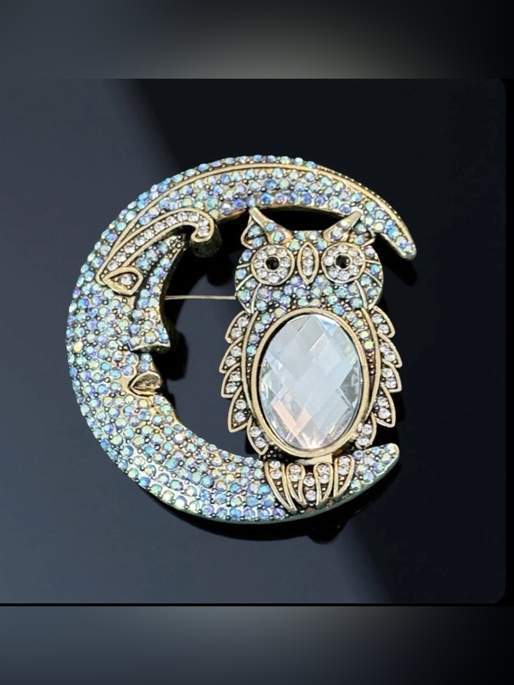 Iridescent Magical Moon & Owl Rhinestone Brooch - Women Jewelry Pin